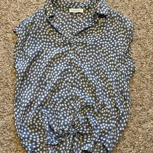 Blousology Blue and White Polka Dot Tie Front Blouse Top - Small